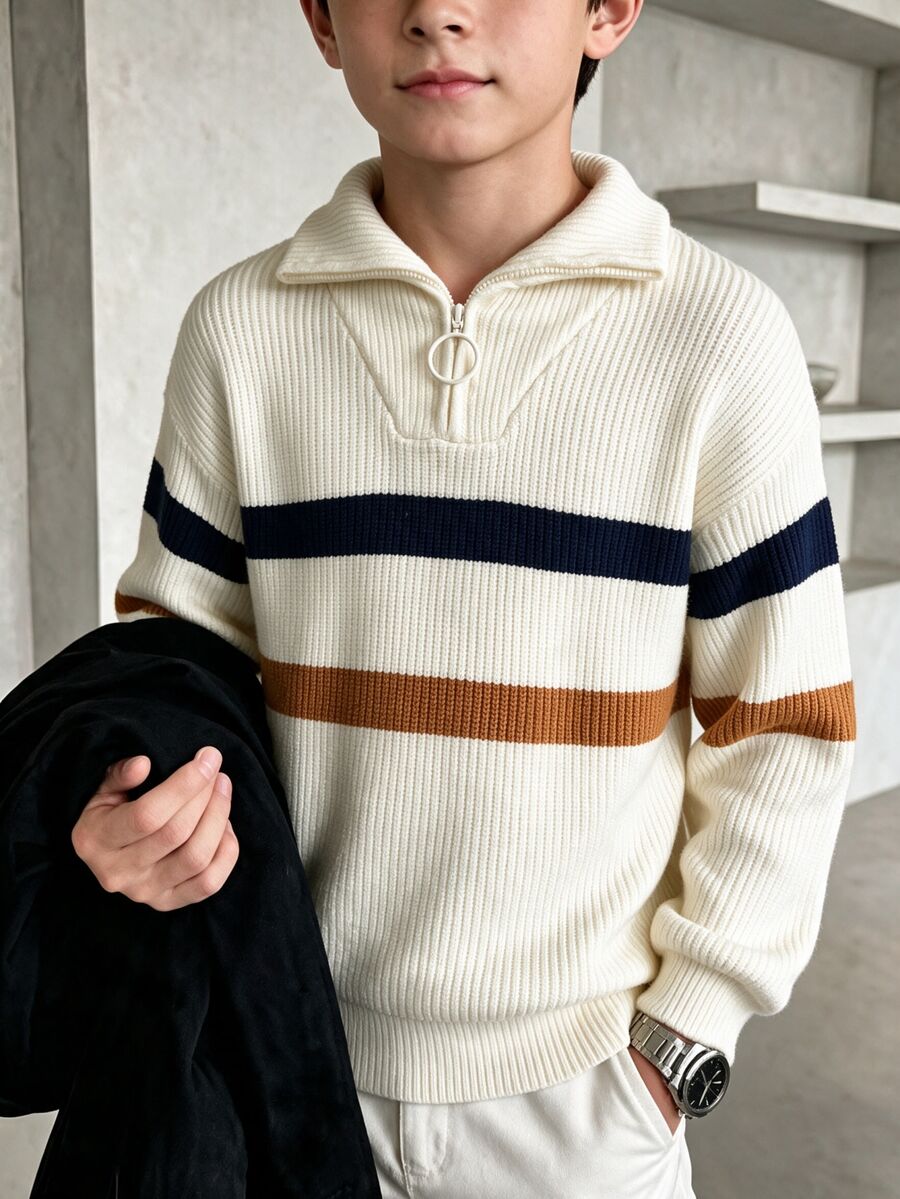 SHEIN Kids Tween Boy Casual Versatile Mori Style Collared Striped Sweater, Suitable For Commuting, School, Daily Casual Outings, Sports, Autumn/Winter - Apricot - View 1