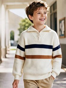 SHEIN Kids Tween Boy Casual Versatile Mori Style Collared Striped Sweater, Suitable For Commuting, School, Daily Casual Outings, Sports, Autumn/Winter - Apricot - View 6