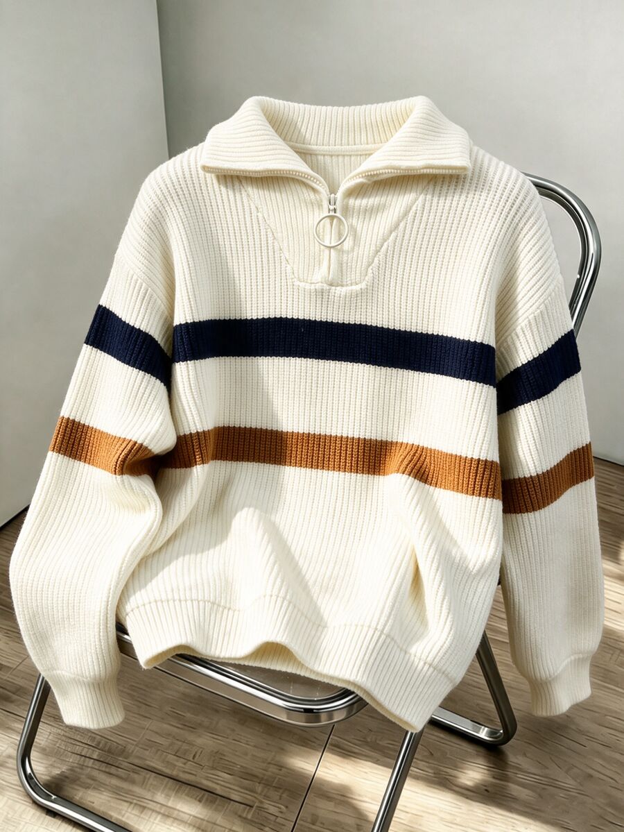 SHEIN Kids Tween Boy Casual Versatile Mori Style Collared Striped Sweater, Suitable For Commuting, School, Daily Casual Outings, Sports, Autumn/Winter - Apricot - View 1