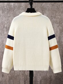 SHEIN Kids Tween Boy Casual Versatile Mori Style Collared Striped Sweater, Suitable For Commuting, School, Daily Casual Outings, Sports, Autumn/Winter - Apricot - View 3