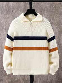 SHEIN Kids Tween Boy Casual Versatile Mori Style Collared Striped Sweater, Suitable For Commuting, School, Daily Casual Outings, Sports, Autumn/Winter - Apricot - View 2