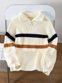 SHEIN Kids Tween Boy Casual Versatile Mori Style Collared Striped Sweater, Suitable For Commuting, School, Daily Casual Outings, Sports, Autumn/Winter - Apricot - View 4