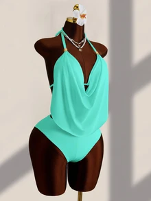 SHEIN Swim Summer Beach Draped Halter Tankini Black Swimsuit - Mint Green - View 7