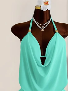SHEIN Swim Summer Beach Draped Halter Tankini Black Swimsuit - Mint Green - View 4