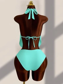 SHEIN Swim Summer Beach Draped Halter Tankini Black Swimsuit - Mint Green - View 5