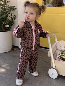 SHEIN 2pcs Toddler Girl Zip Jacket Pants Set Graphic Sweet Brown Pink Leopard Print Ribbon Bows Long Sleeve Mock Neck Birthday Vacation Family Party Autumn - Multicolor - View 9