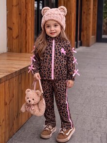 SHEIN 2pcs Toddler Girl Zip Jacket Pants Set Graphic Sweet Brown Pink Leopard Print Ribbon Bows Long Sleeve Mock Neck Birthday Vacation Family Party Autumn - Multicolor - View 11
