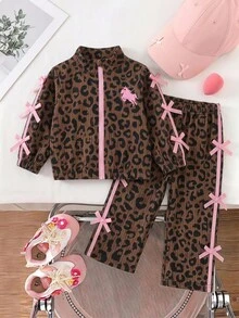 SHEIN 2pcs Toddler Girl Zip Jacket Pants Set Graphic Sweet Brown Pink Leopard Print Ribbon Bows Long Sleeve Mock Neck Birthday Vacation Family Party Autumn - Multicolor - View 2