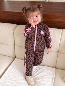 SHEIN 2pcs Toddler Girl Zip Jacket Pants Set Graphic Sweet Brown Pink Leopard Print Ribbon Bows Long Sleeve Mock Neck Birthday Vacation Family Party Autumn - Multicolor - View 10