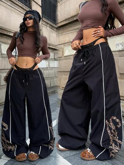 Coolane Women's & Men's Fall/Winter Streetwear Casual Sport Going Out Hip Hop Graphics Leopard Banded Texture Decoration Black Baggy Low Rise Sweatpants