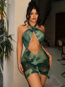SHEIN SXY Dark Green Summer Techno Club Night Rave Women Perspective Mesh Marble Printed Ruffle Cut Out Bodycon Mini Halter Dress Birthday Party Outfit - Multicolor - View 7