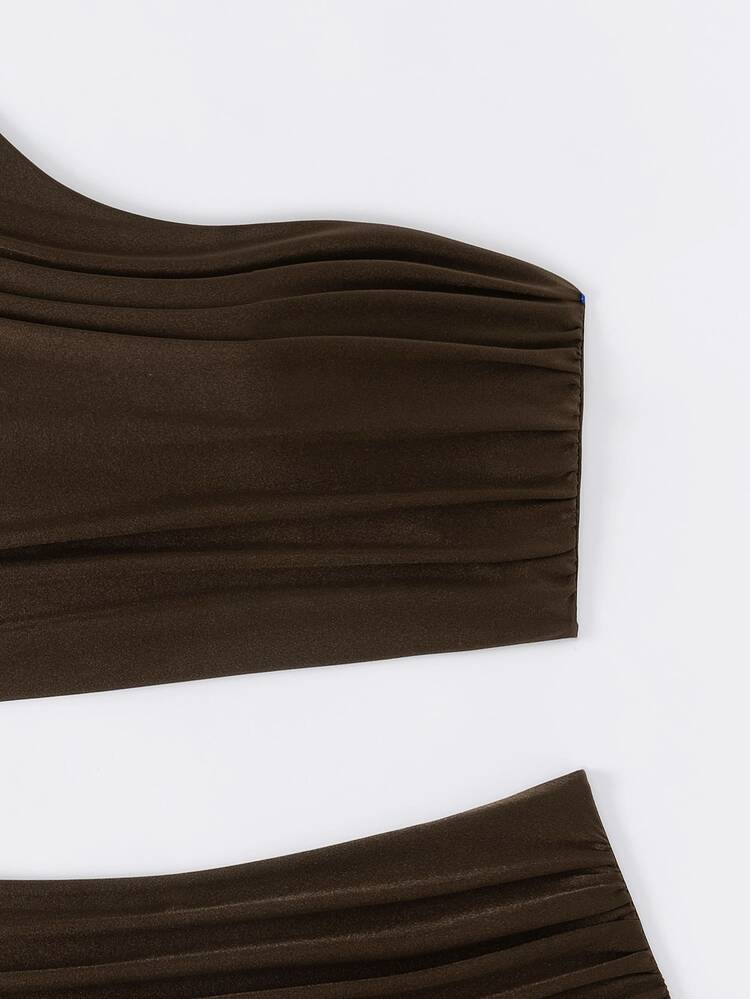 Swim Chiccia 2pcs/Set Women Solid Color Oblique Shoulder Sleeveless Simple Bikini Top And Bottom Summer - Coffee Brown - View 6