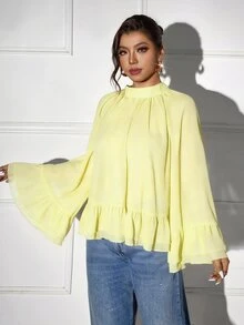 Femmeverse Plus Size Women Layered Ruffle Trim Long Sleeve Casual Top, Elegant Holiday Top Fall - Yellow - View 4