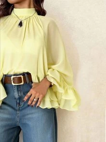 Femmeverse Plus Size Women Layered Ruffle Trim Long Sleeve Casual Top, Elegant Holiday Top Fall - Yellow - View 3