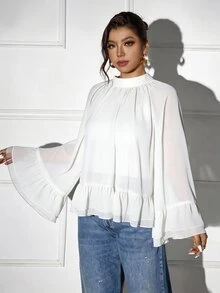 Femmeverse Plus Size Women Layered Ruffle Trim Long Sleeve Casual Top, Elegant Holiday Top Fall - White - View 5