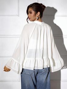 Femmeverse Plus Size Women Layered Ruffle Trim Long Sleeve Casual Top, Elegant Holiday Top Fall - White - View 2