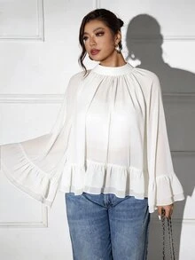 Femmeverse Plus Size Women Layered Ruffle Trim Long Sleeve Casual Top, Elegant Holiday Top Fall - White - View 4