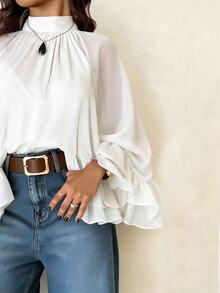 Femmeverse Plus Size Women Layered Ruffle Trim Long Sleeve Casual Top, Elegant Holiday Top Fall - White - View 3