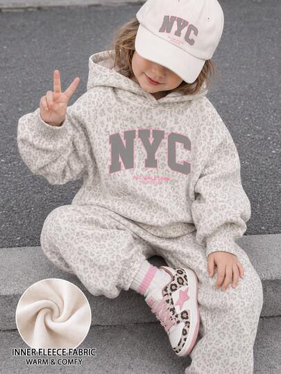 THE HAPPY LOOK Grey Leopard Print With Pink Contrast, High Street Sweet Cool Fashion Leopard Print Sports Contrast Letter NYC Graphic, Girls Toddler Casual Soft Comfortable Loose Hooded Sweatshirt, New Style For Autumn/Winter Daily, Outdoor, Sports, Streetwear, Campus Chic Back To School, American Vintage Collegiate Style