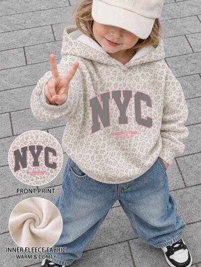 THE HAPPY LOOK Grey Leopard Print With Pink Contrast, High Street Sweet Cool Fashion Leopard Print Sports Contrast Letter NYC Graphic, Girls Toddler Casual Soft Comfortable Loose Hooded Sweatshirt, New Style For Autumn/Winter Daily, Outdoor, Sports, Streetwear, Campus Chic Back To School, American Vintage Collegiate Style