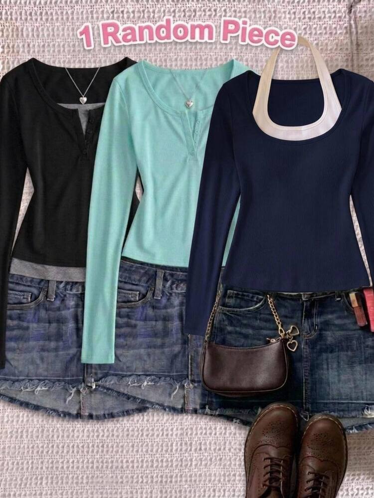 SHEIN Teen Girl Teen Girls Ribbed Colorblock Halter Neck 2 In 1 Long Sleeve Slim Fit T-Shirt, Autumn/Winter - Blue and White - View 7