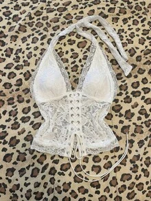 Elamini Women's Sexy Lace Up Front Lace Backless Hater Top - White - View 7