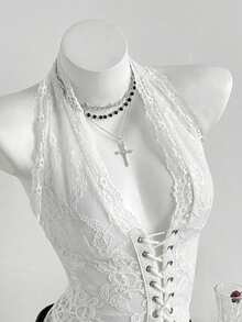 Elamini Women's Sexy Lace Up Front Lace Backless Hater Top - White - View 3