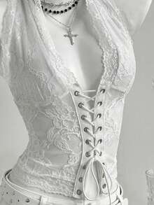 Elamini Women's Sexy Lace Up Front Lace Backless Hater Top - White - View 6