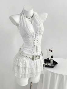 Elamini Women's Sexy Lace Up Front Lace Backless Hater Top - White - View 5