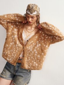 Bohemela 女款V領長袖單排扣鹿紋百搭開襟衫 - 彩色 - 查看 3