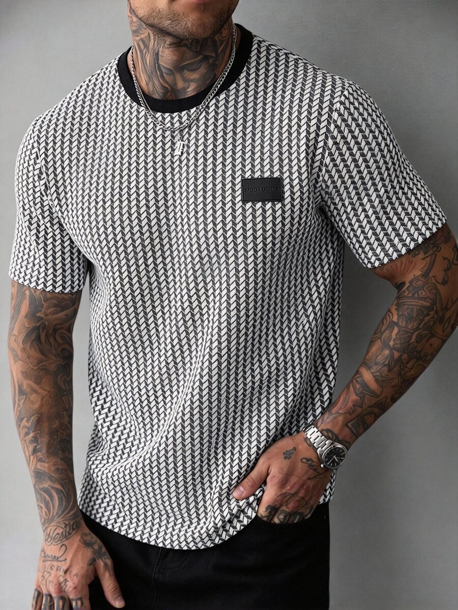 SLATEMANN Men's Letter Print Crew Neck Short Sleeve Casual T-Shirt - Black and White - View 1