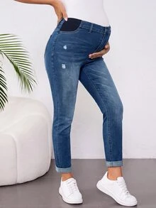 SHEIN 孕婦藍色牛仔彈性緊身長褲 女款牛仔風休閒寬鬆大廓形外出裝 新年穿搭 派對 性別揭曉 秋季 - 藍色 - 查看 5