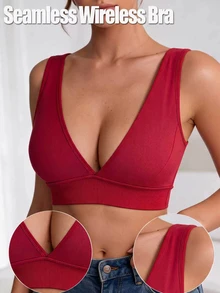 SHEIN Sports Women's Solid Color Comfortable Daily Sporty Modest Fitness Sports Bra Workout Gym Dark Red Autumn - Burgundy - View 1