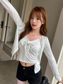 K-Vae Korean Style Minimalist Sexy Polka Dot Bow Cami + Short Sun Protection Cardigan 2 Pieces Set, Sweet Girl Slimming Top - White - View 3