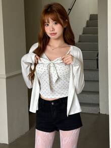 K-Vae Korean Style Minimalist Sexy Polka Dot Bow Cami + Short Sun Protection Cardigan 2 Pieces Set, Sweet Girl Slimming Top - White - View 5