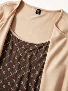 GlowEve CURVE Plus Size Knit Solid Color Cardigan With Front Button Closure, Striped Slim Fit Camisole With Drawstring Decor, Elegant Casual Commute Daily Outing Long Pants - Brown - View 7