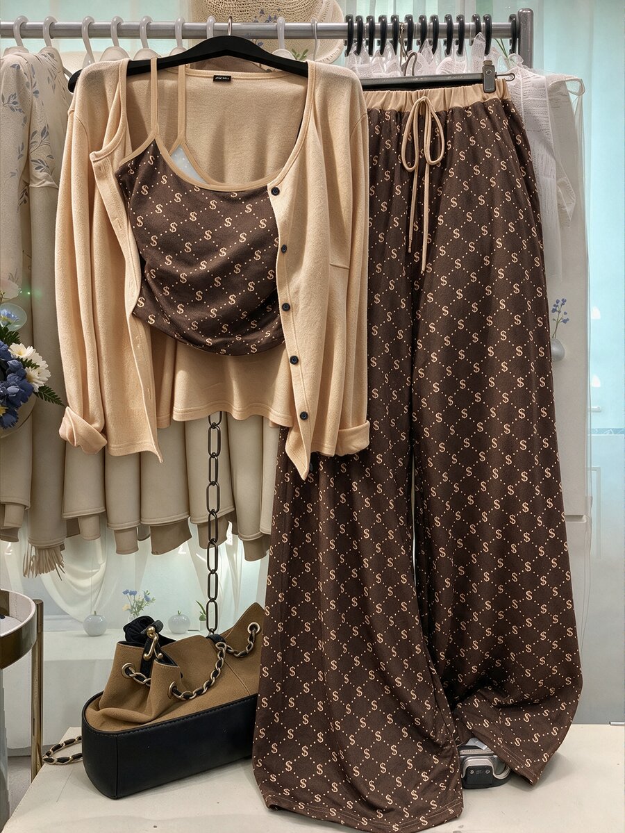GlowEve CURVE Plus Size Knit Solid Color Cardigan With Front Button Closure, Striped Slim Fit Camisole With Drawstring Decor, Elegant Casual Commute Daily Outing Long Pants - Brown - View 1