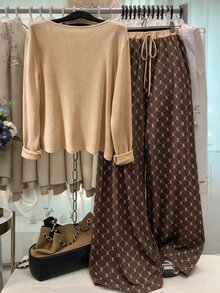 GlowEve CURVE Plus Size Knit Solid Color Cardigan With Front Button Closure, Striped Slim Fit Camisole With Drawstring Decor, Elegant Casual Commute Daily Outing Long Pants - Brown - View 2