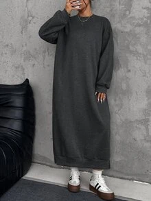 SHEIN EZwear 大尺碼寬鬆休閒長版抓絨衛衣洋裝，秋冬款 - 深灰色 - 查看 6