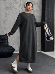 SHEIN EZwear 大尺碼寬鬆休閒長版抓絨衛衣洋裝，秋冬款 - 深灰色 - 查看 4