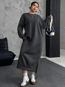 SHEIN EZwear 大尺碼寬鬆休閒長版抓絨衛衣洋裝，秋冬款 - 深灰色 - 查看 3