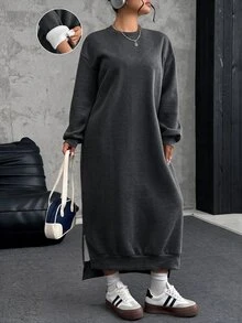 SHEIN EZwear 大尺碼寬鬆休閒長版抓絨衛衣洋裝，秋冬款 - 深灰色 - 查看 1