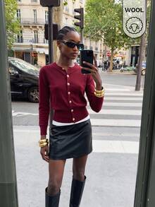 Maija 女款休閒優雅百搭純色酒紅色針織開襟衫，適合節慶、外出、辦公室穿搭，秋季款 - 棕色 - 查看 3
