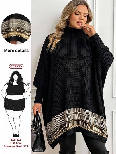 SHEIN CURVE+ Plus Size Jacquard Colorblock Turtleneck Sweater Dress