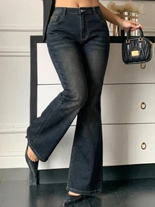 Dazy Plus Distressed Washed Slim Fit Flare Leg Jeans With Pockets, Elegant Casual Stretch Skinny Denim Pants Fall Going Out Office - Dark Wash - View 4