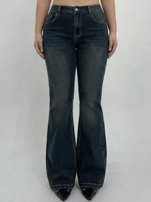 Dazy Plus Distressed Washed Slim Fit Flare Leg Jeans With Pockets, Elegant Casual Stretch Skinny Denim Pants Fall Going Out Office - Dark Wash - View 5