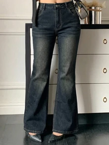 Dazy Plus Distressed Washed Slim Fit Flare Leg Jeans With Pockets, Elegant Casual Stretch Skinny Denim Pants Fall Going Out Office - Dark Wash - View 3