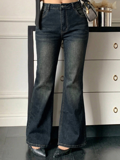 Dazy Plus Distressed Washed Slim Fit Flare Leg Jeans With Pockets, Elegant Casual Stretch Skinny Denim Pants Fall Going Out Office