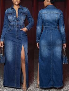 Slaydiva Plus Size Women's Button-Down Denim Midi Dress With Waist Belt & Front Slit, Long Sleeve Snap Closure Fitted Jean Dress With Pockets, Vintage Chic - Medium Wash - View 1