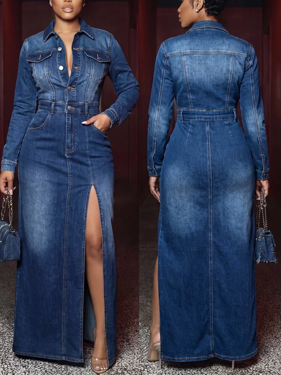 Slaydiva Plus Size Women's Button-Down Denim Midi Dress With Waist Belt & Front Slit, Long Sleeve Snap Closure Fitted Jean Dress With Pockets, Vintage Chic - Medium Wash - View 1